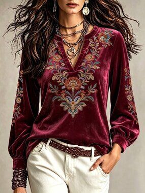 Multicolor Elegant Women's Floral Print Notch V-Neck Long Sleeve T-Shirt